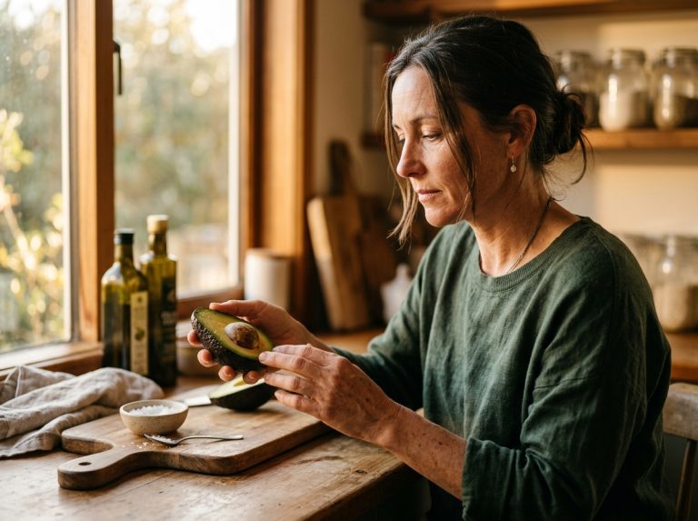 woman examining avocado in warm kitchen light