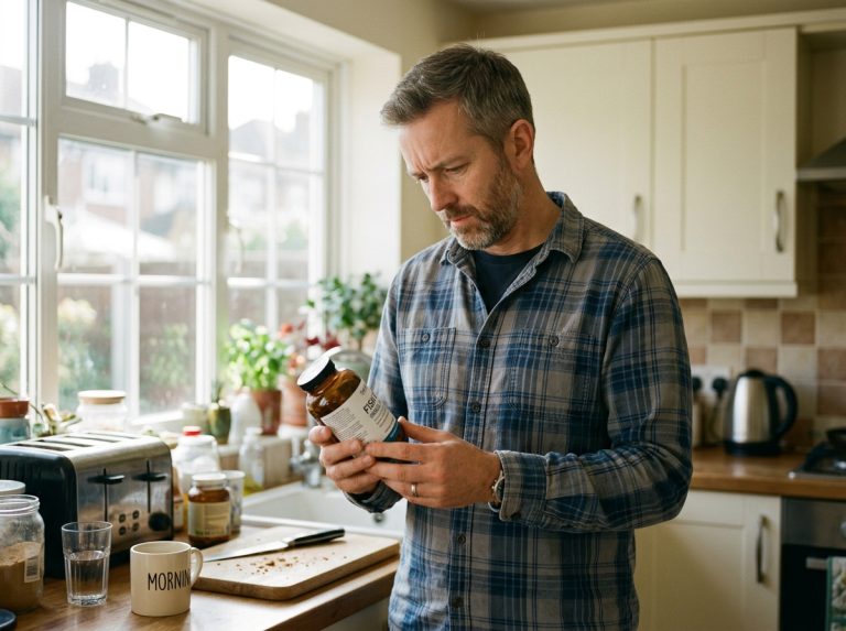 man reading supplement bottle label thoughtfully