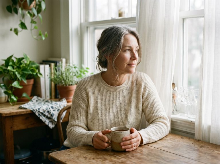 Woman peaceful morning light kitchen table
