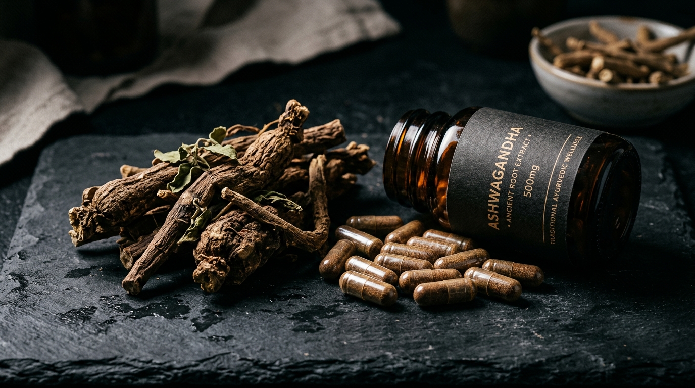 Ashwagandha root with modern supplement capsules