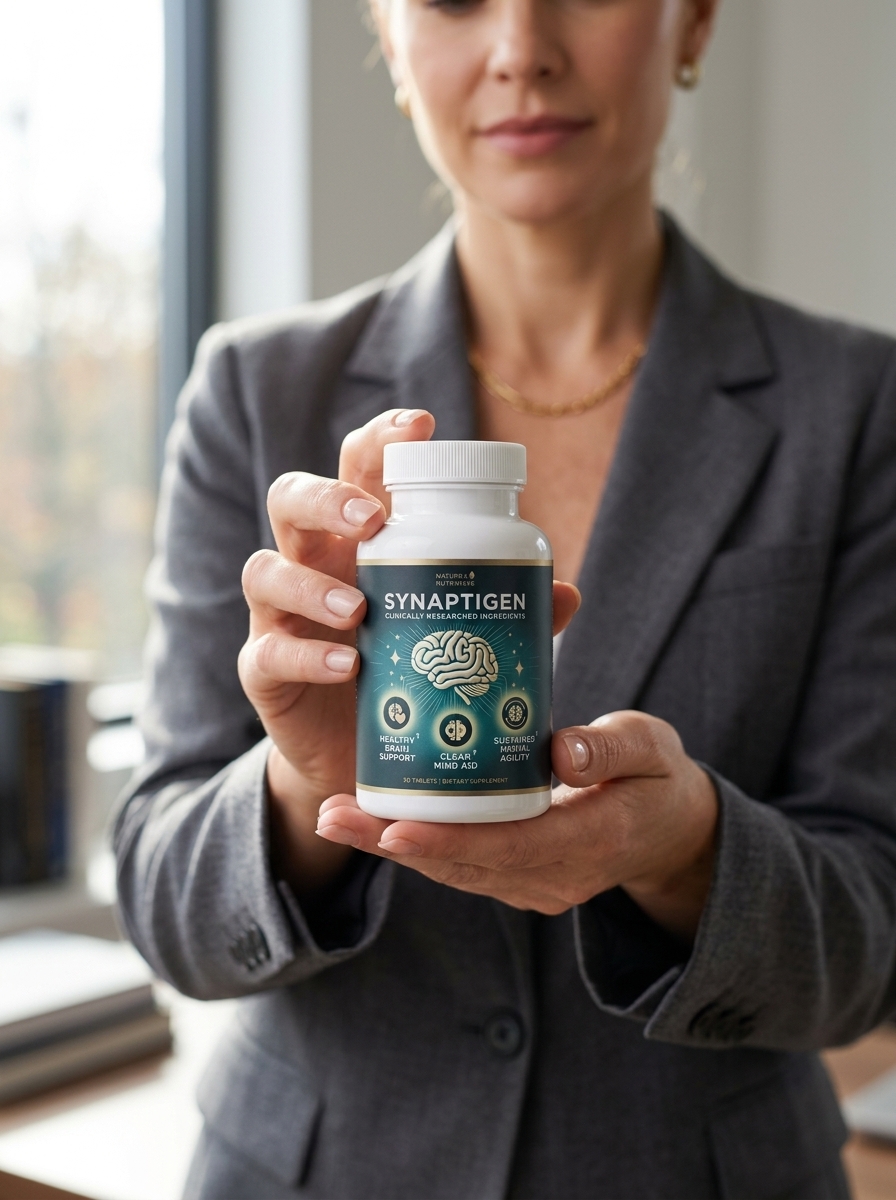 Synaptigen brain support supplement bottle held by woman