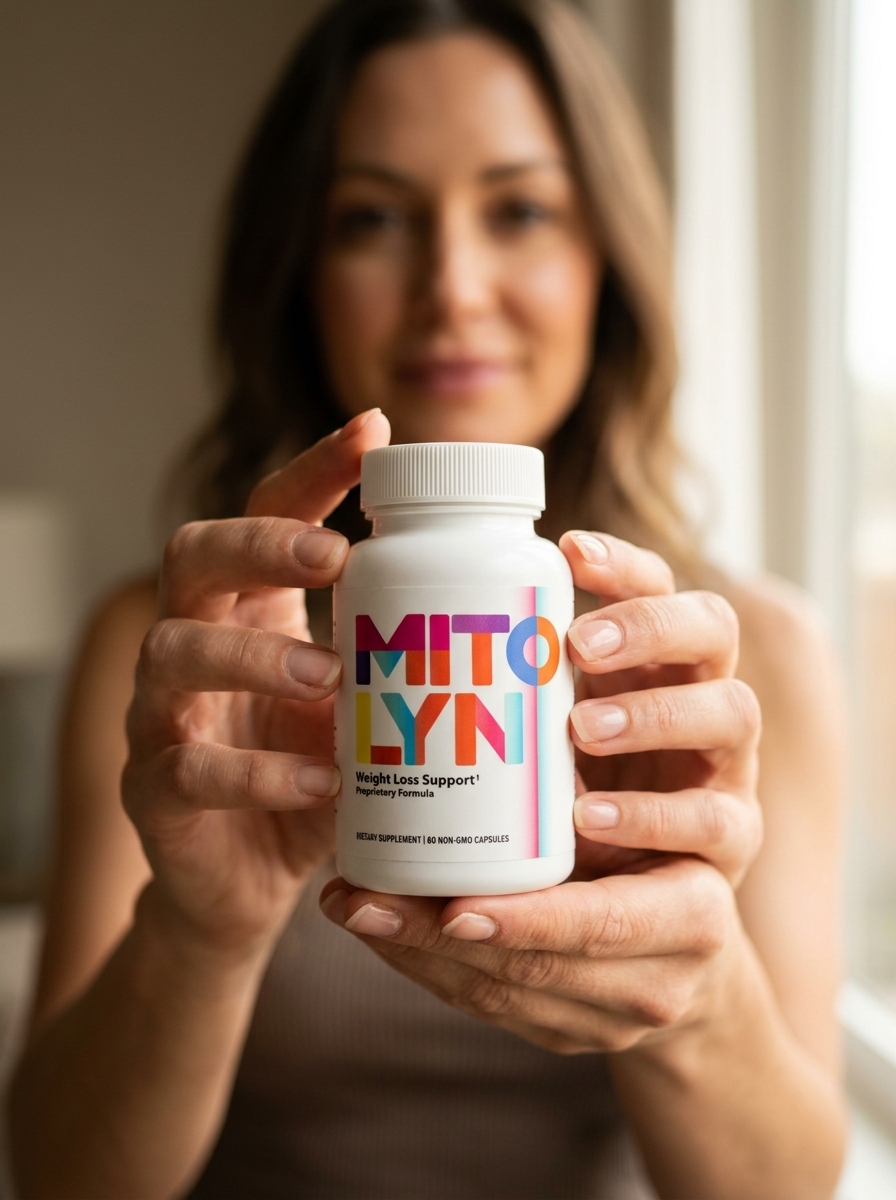 Mitolyn mitochondrial energy supplement bottle held by woman
