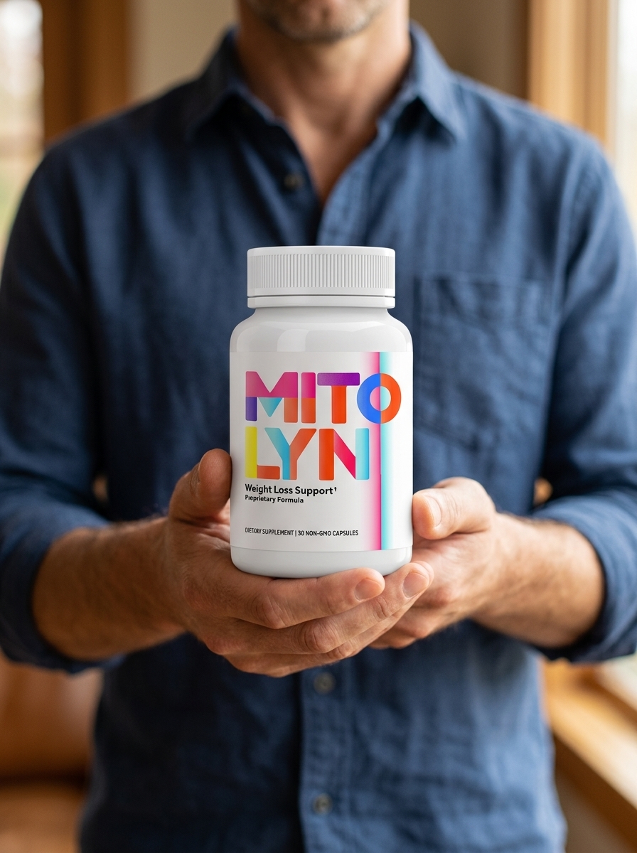 Mitolyn mitochondria supplement bottle man hands
