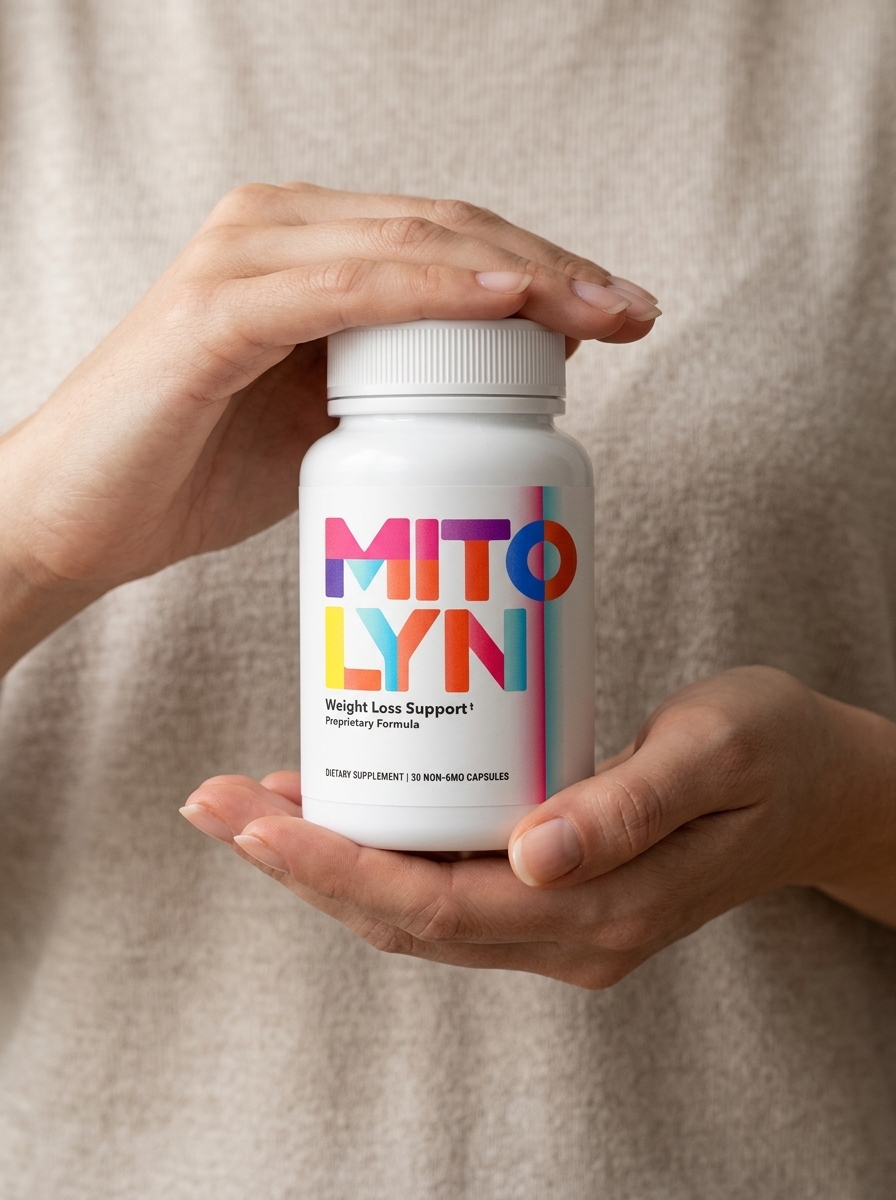 Mitolyn mitochondrial support supplement bottle held by woman