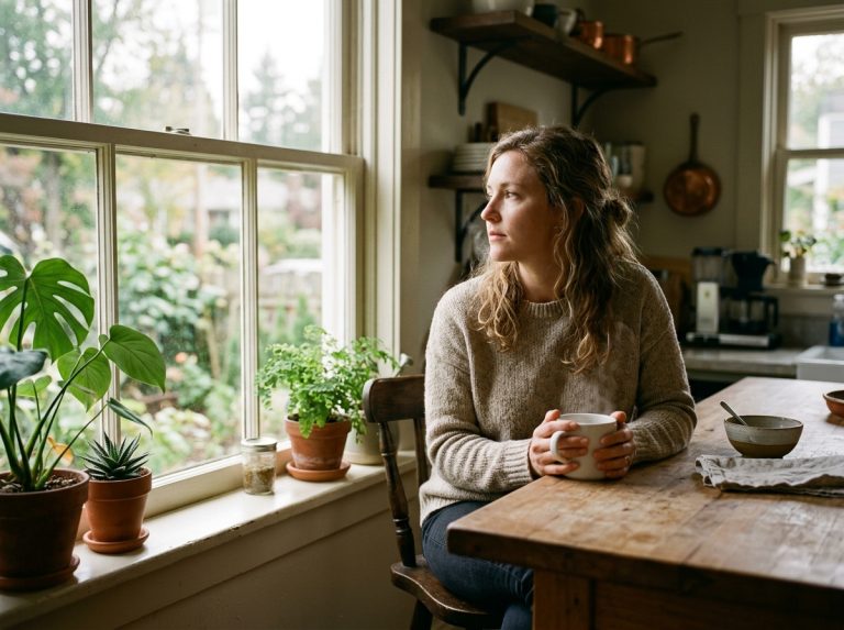 woman contemplating morning coffee at kitchen counter