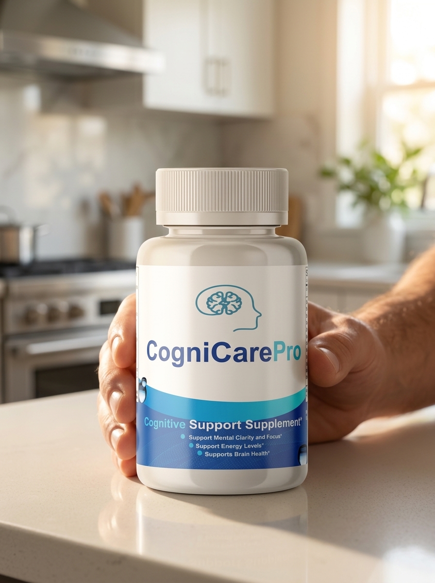 CogniCare Pro brain supplement bottle held carefully