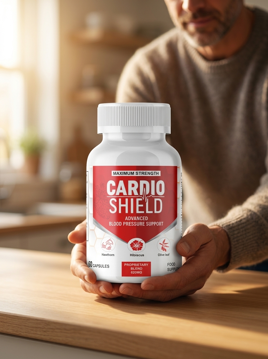 Cardio Shield cardiovascular supplement bottle in hands