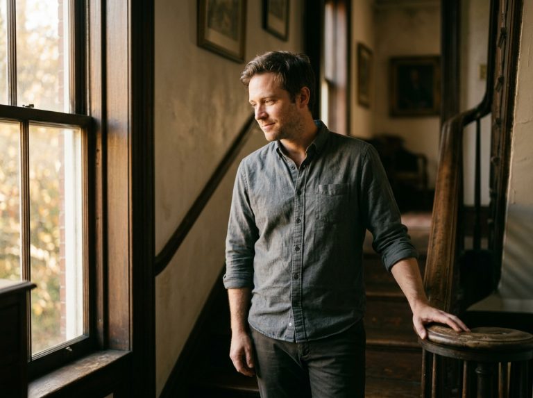man pausing thoughtfully on apartment staircase landing