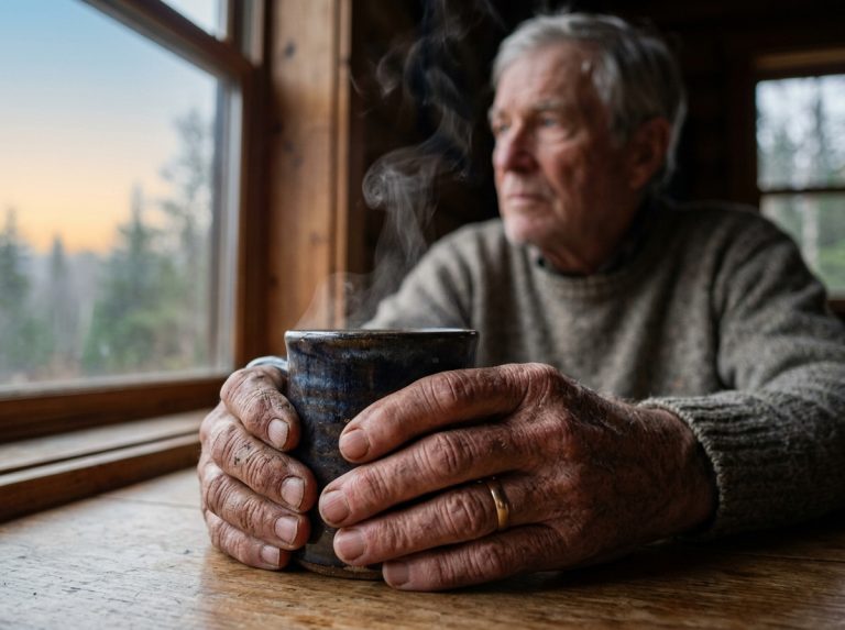 weathered hands holding coffee mug morning light