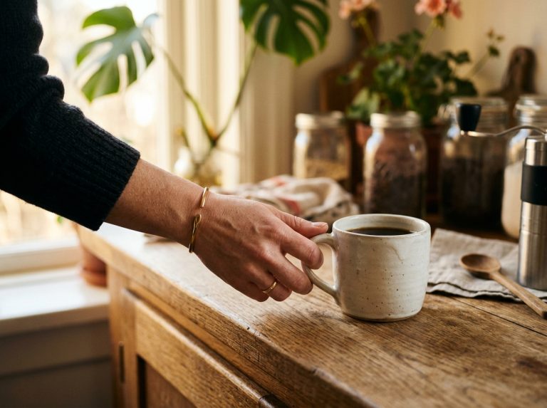 woman reaching for morning coffee naturally