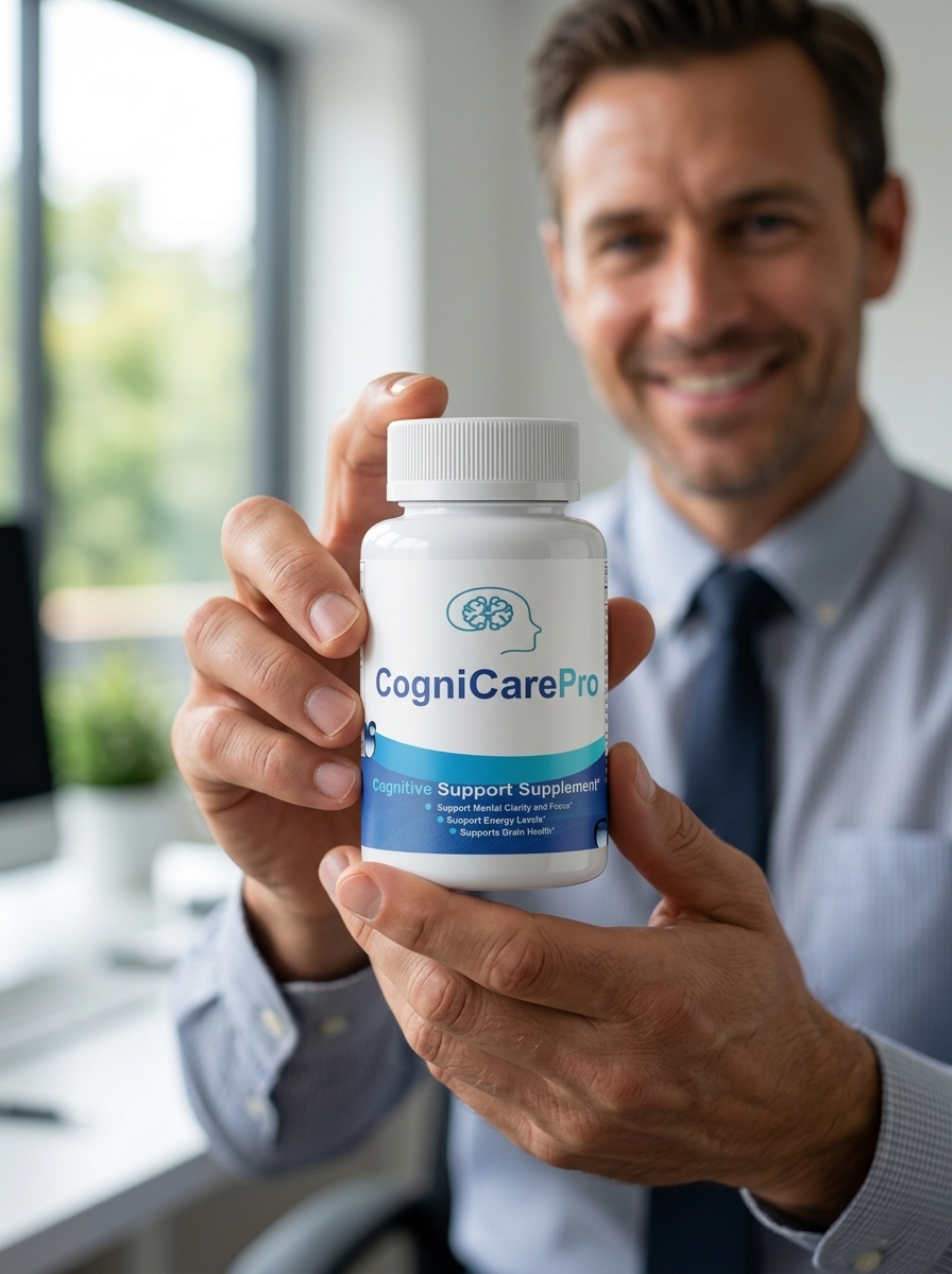 CogniCare Pro brain supplement bottle held professionally
