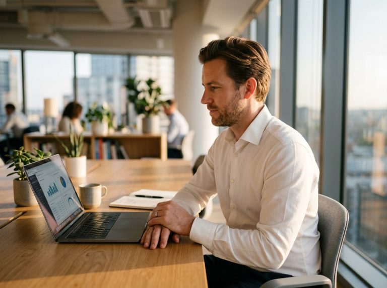 focused professional man working thoughtfully at desk