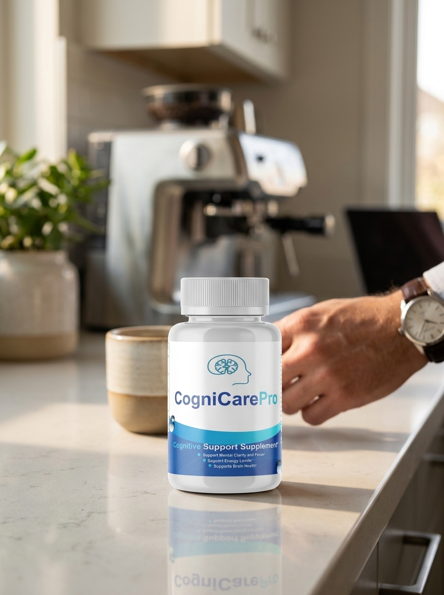 CogniCare Pro brain supplement bottle with coffee