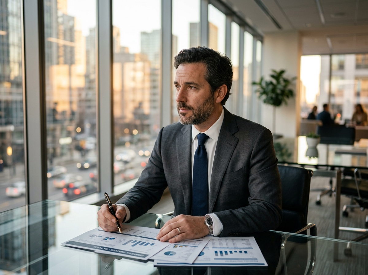 Professional man contemplating documents in boardroom