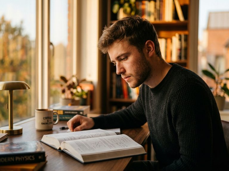 focused student reading textbook golden hour lighting