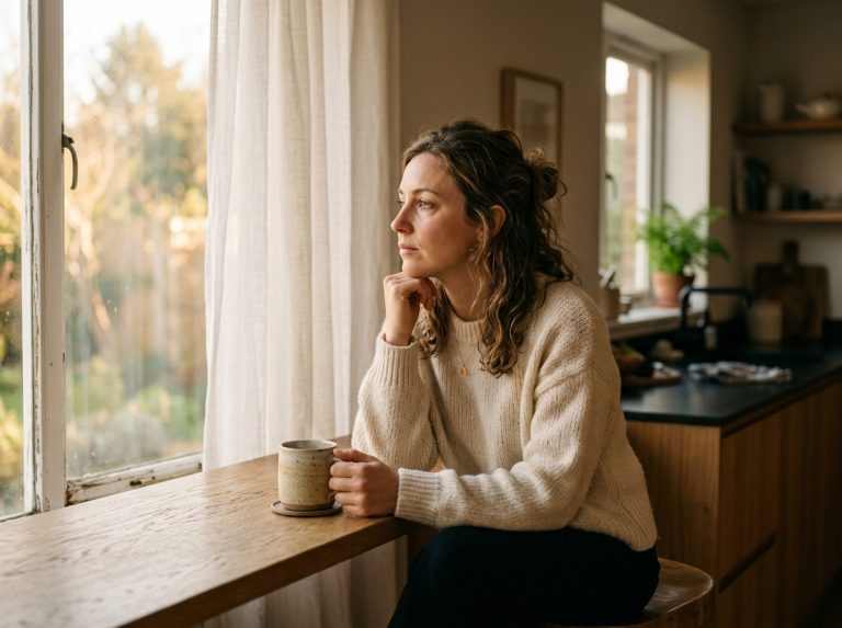 woman contemplating morning coffee thoughtfully