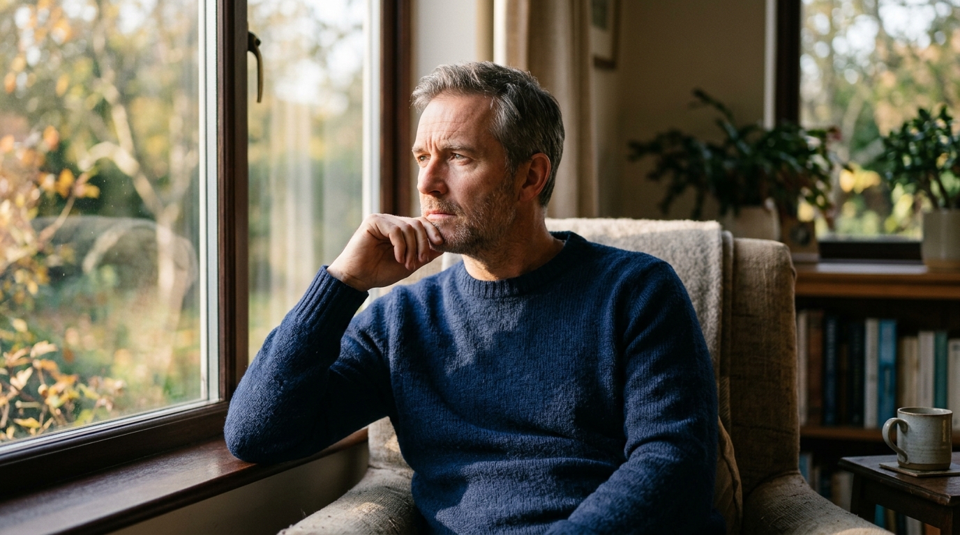 man reflecting on aging and cellular decline