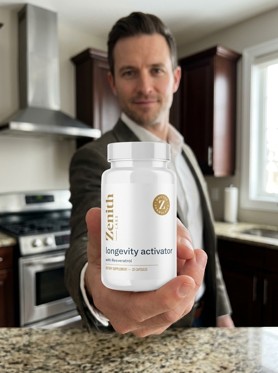 Longevity Activator anti-aging supplement bottle held confidently