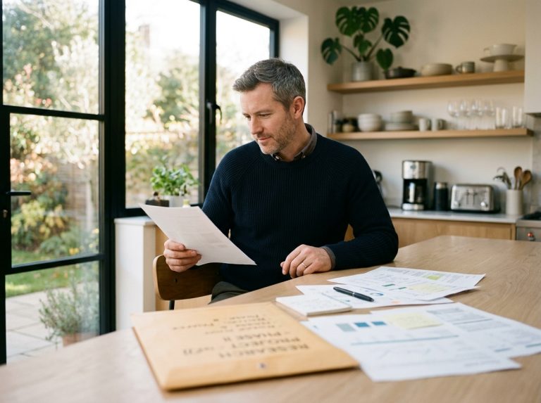 man reviewing clinical research documents morning light
