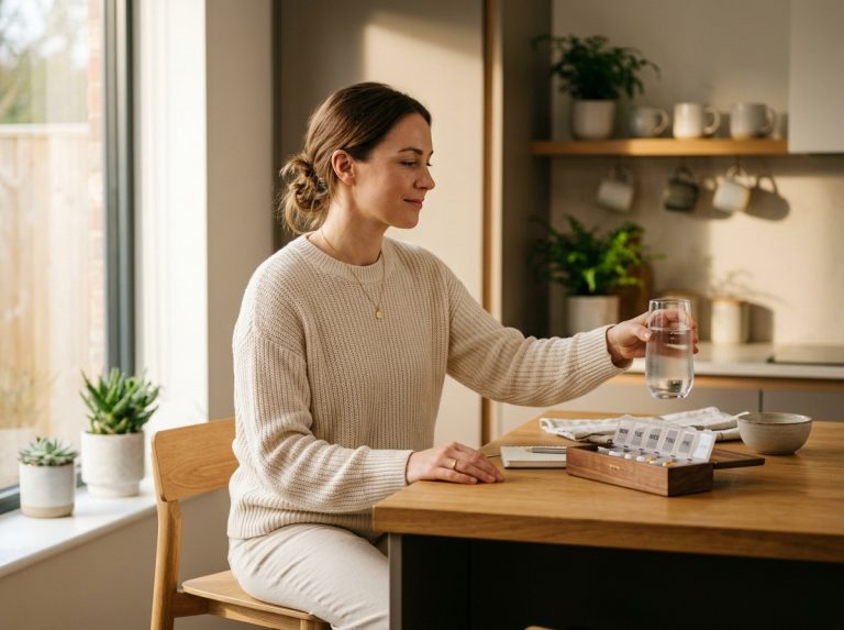 woman contemplating supplements at kitchen counter morning