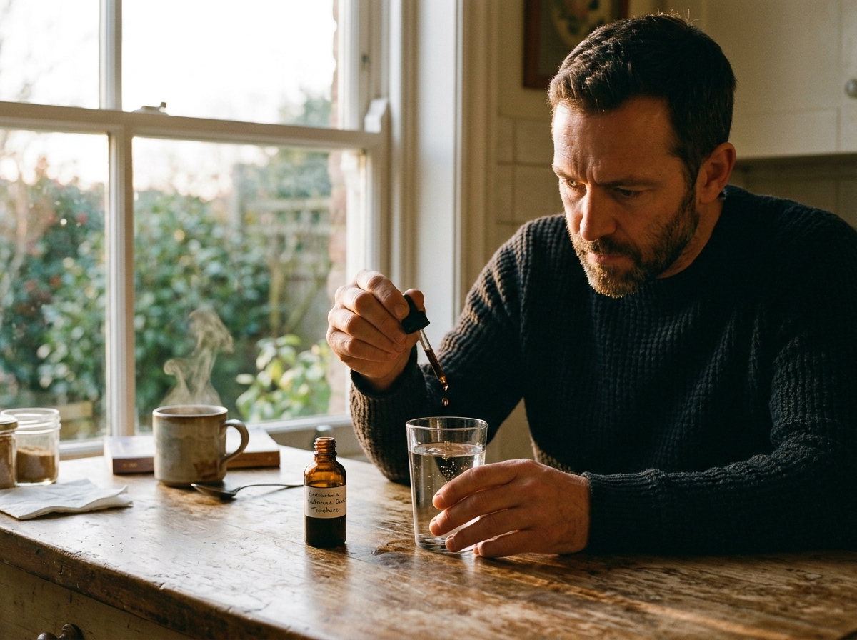 man measuring supplement dose morning routine