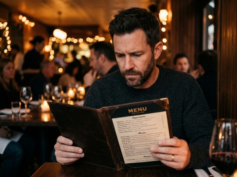 Man thoughtfully reading restaurant menu under warm lighting