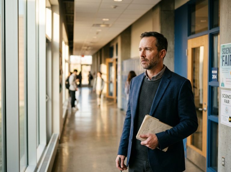 man contemplating in school hallway morning light