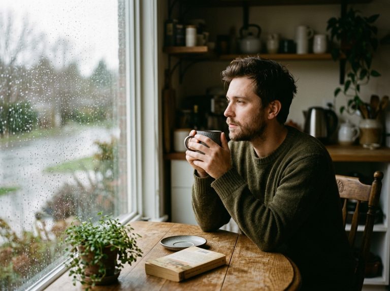 man contemplating by window with morning coffee