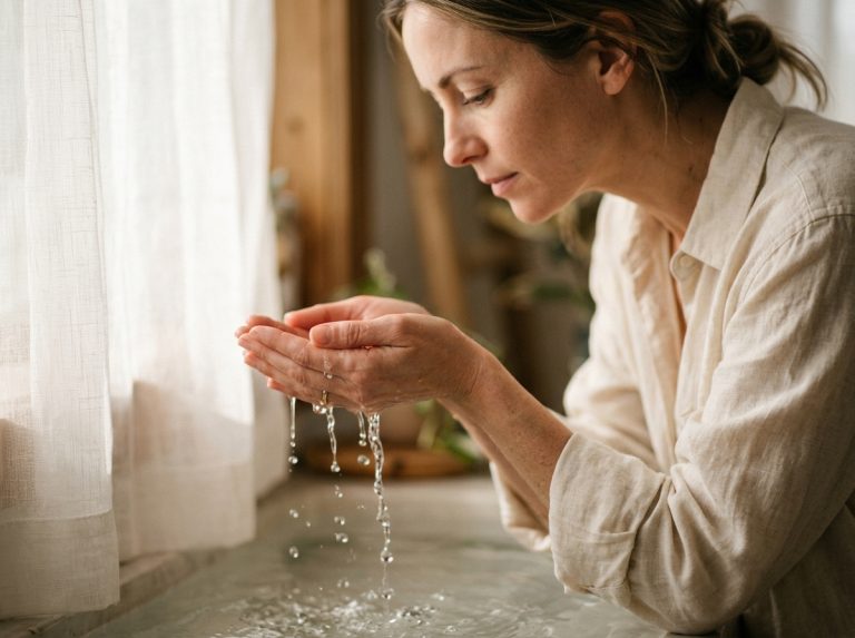 woman cupping water droplets morning light