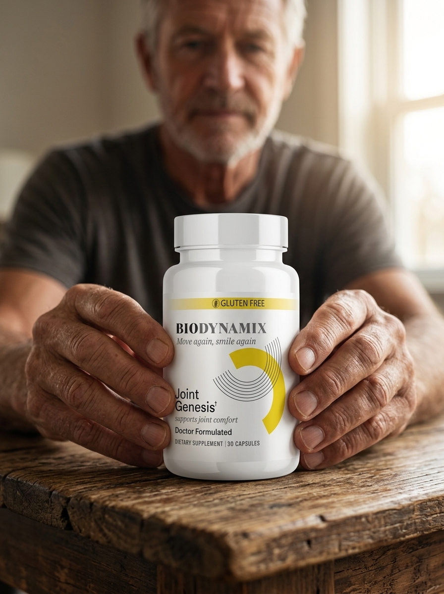 Joint Genesis supplement bottle held by mature man