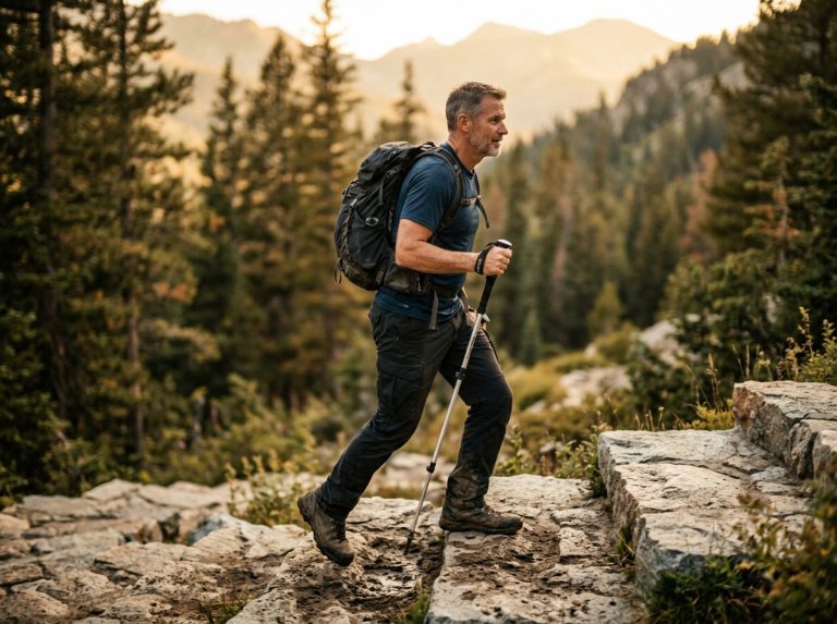 Man walking confidently up mountain trail steps