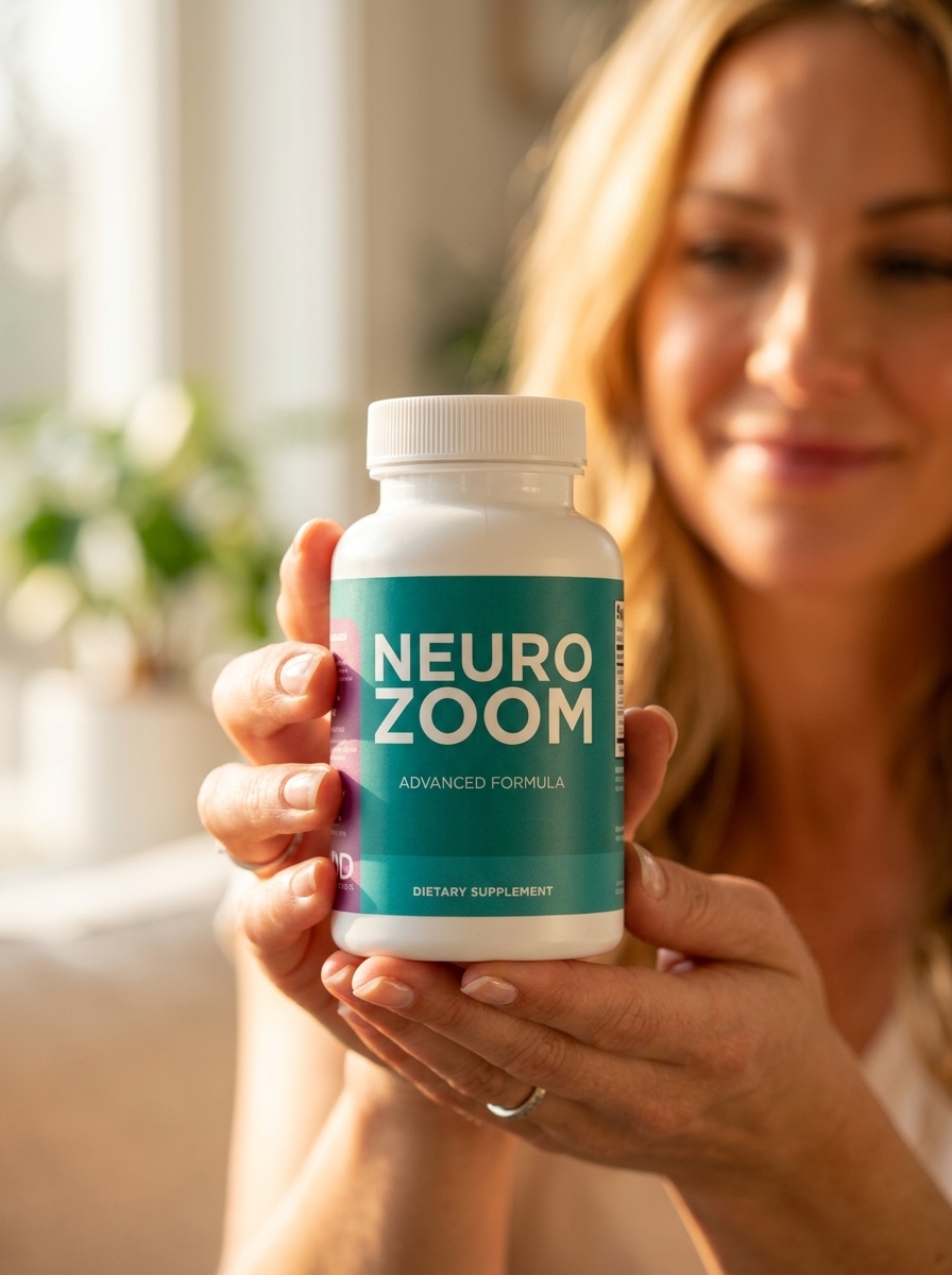 NeuroZoom cognitive enhancement supplement bottle held by woman