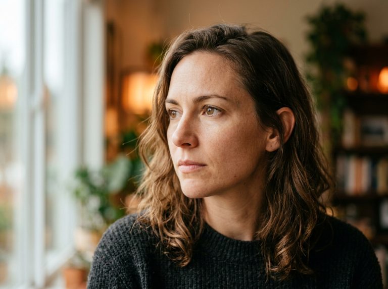 Woman with focused contemplative expression in natural light
