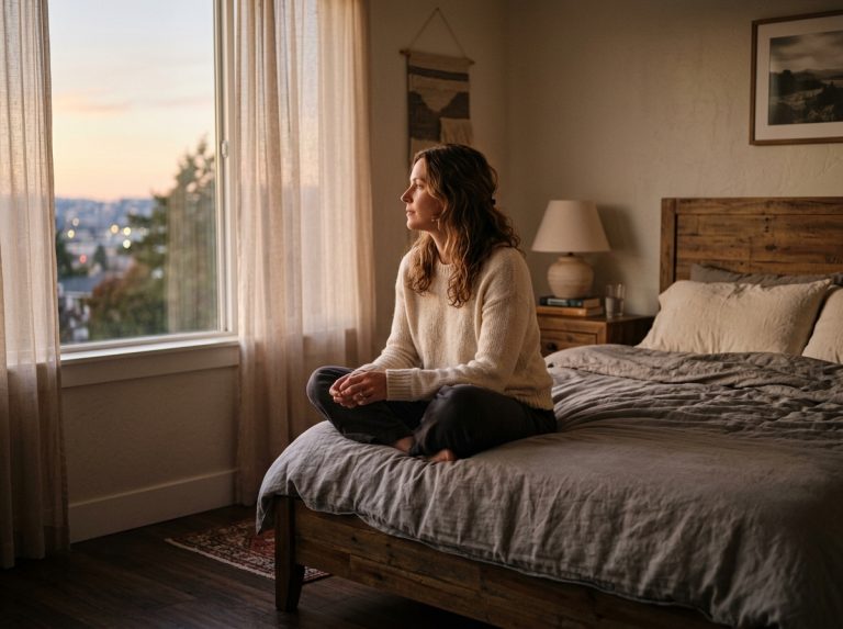 woman sitting peacefully bedroom evening light contemplation
