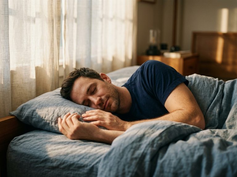 man sleeping peacefully in golden morning light