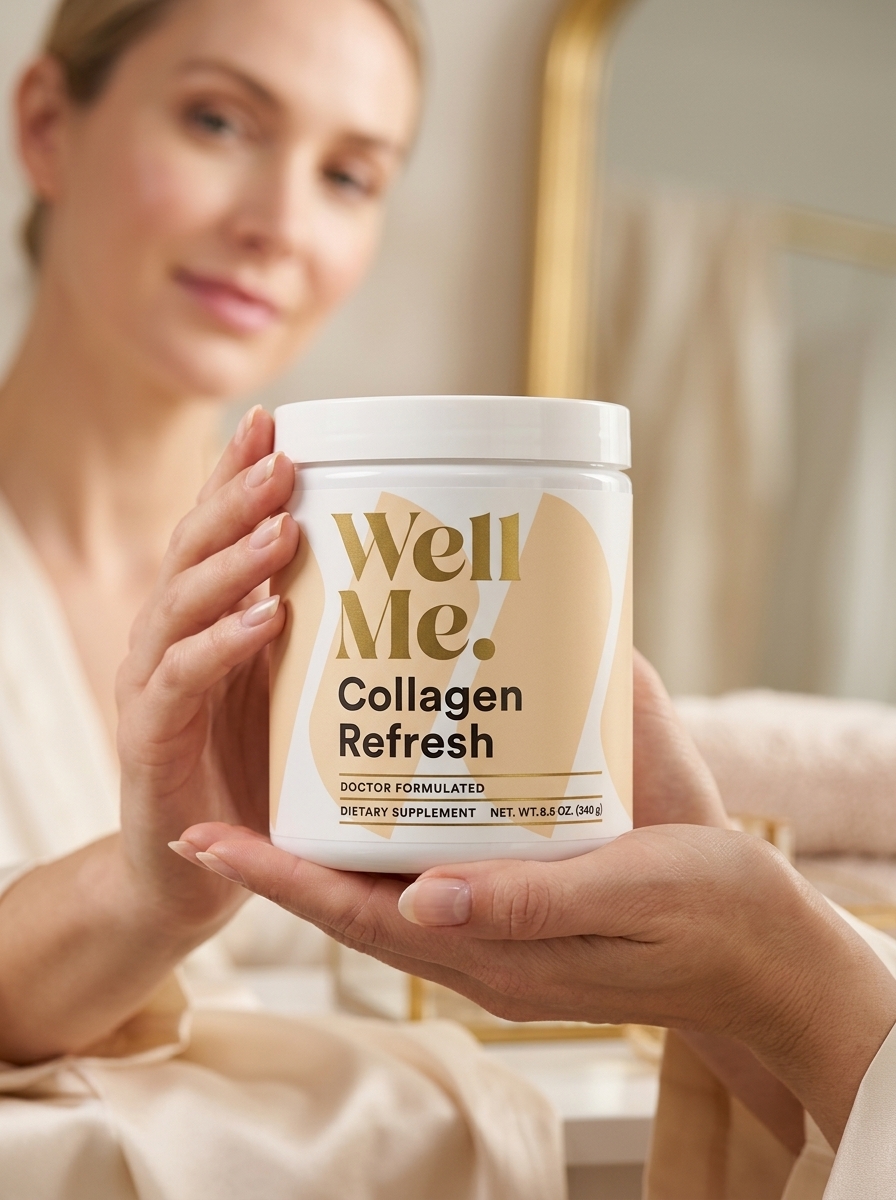 Collagen Refresh supplement held in gentle hands