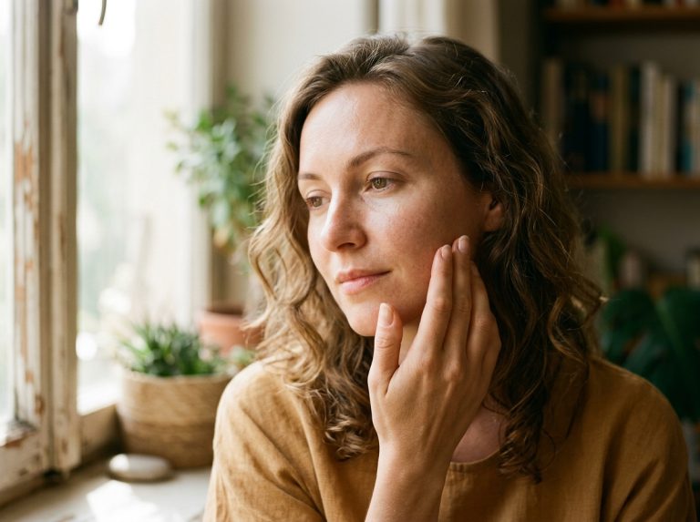 woman touching face in soft morning light