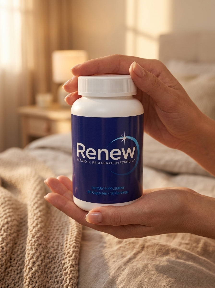 RENEW sleep supplement bottle held gently