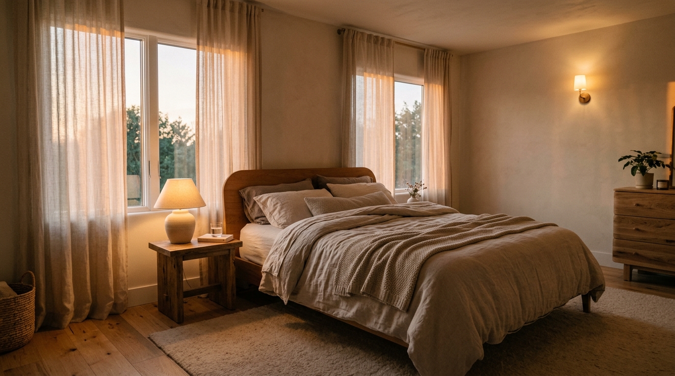 peaceful bedroom sanctuary in golden evening light