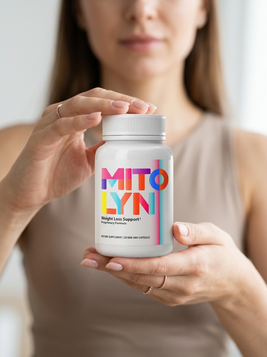 Mitolyn mitochondrial support supplement bottle held carefully