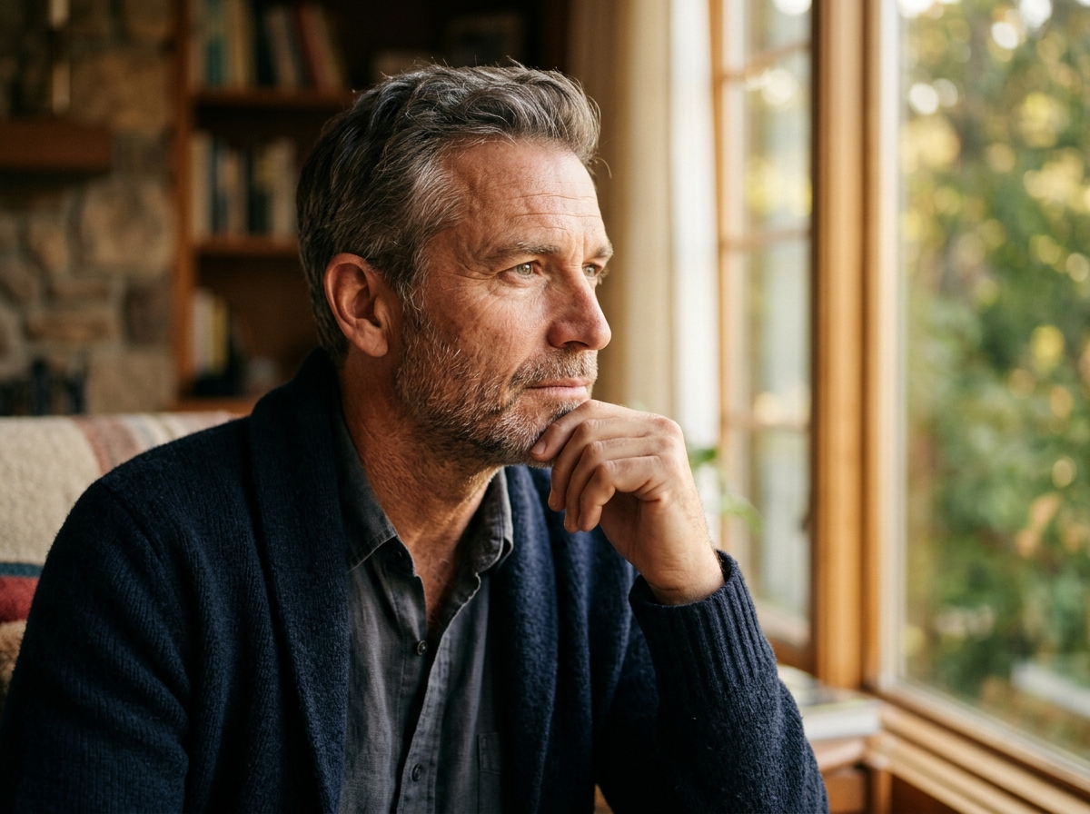 contemplative middle aged man morning light portrait