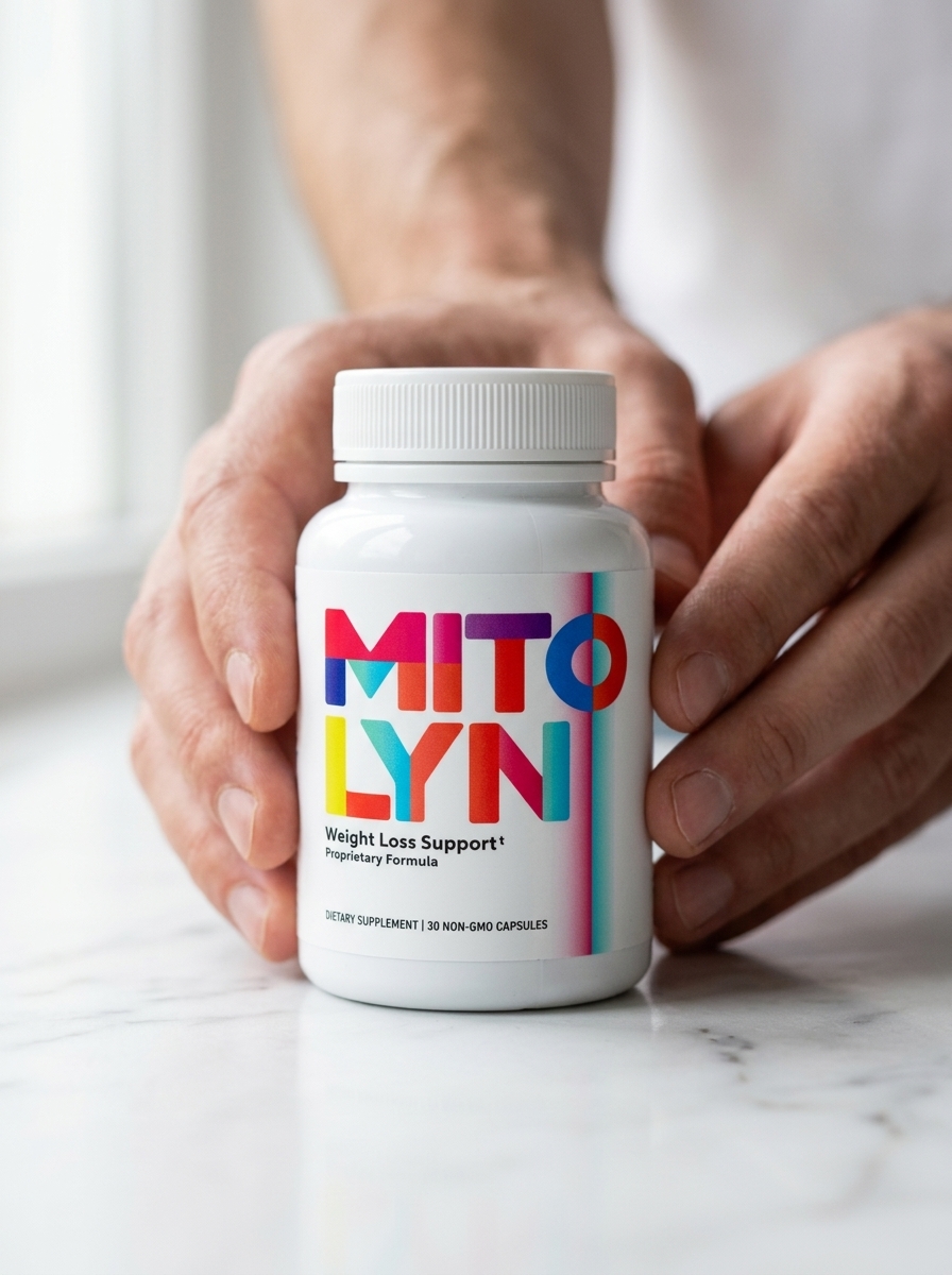 Mitolyn mitochondrial support supplement bottle held carefully