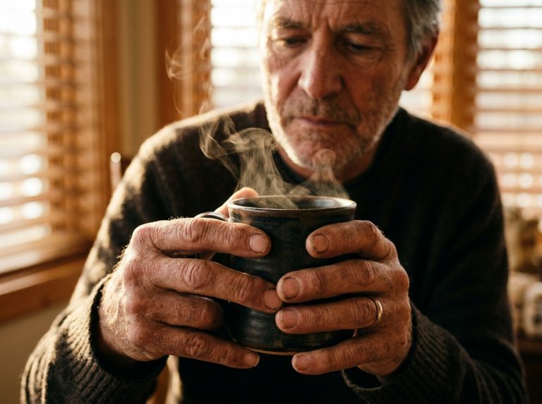 man holding warm coffee cup morning light