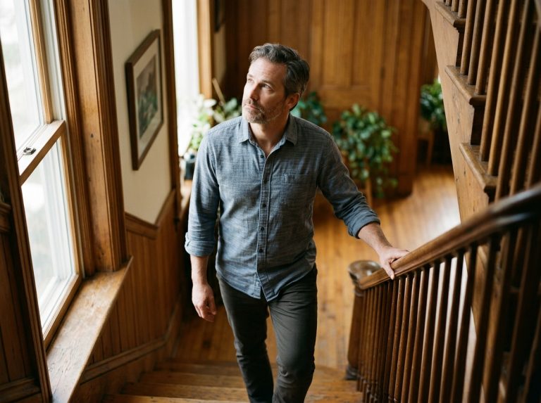 man climbing stairs with contemplative expression