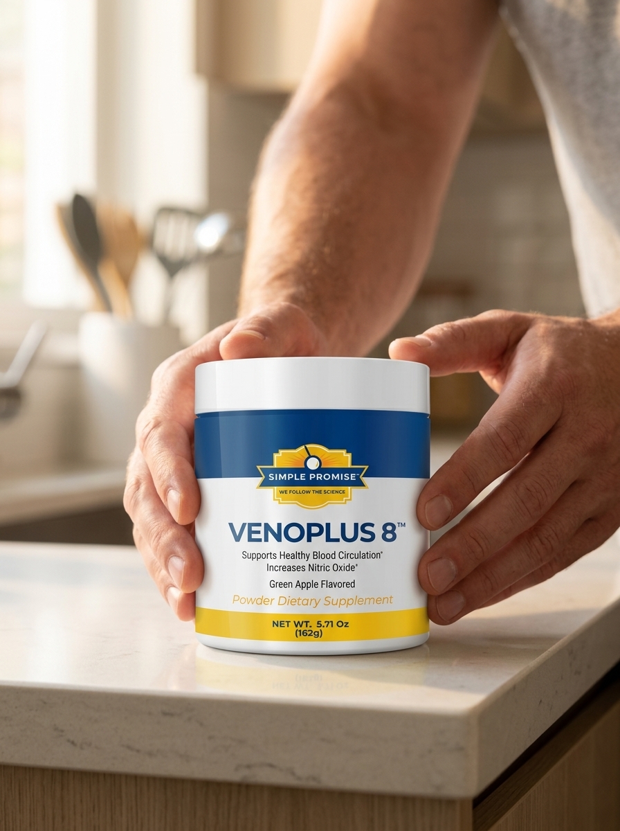 VenoPlus8 circulation support supplement bottle prominently displayed