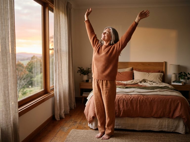 woman stretching arms with relief sunrise morning