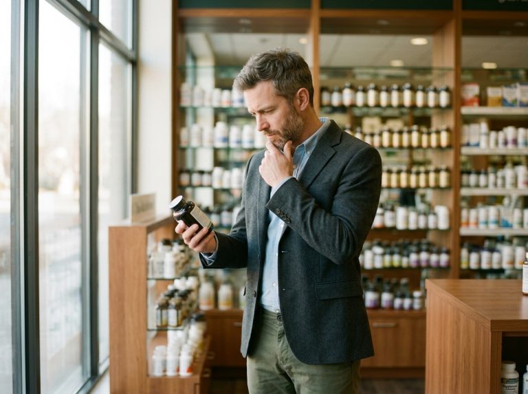 Man examining supplements in modern pharmacy