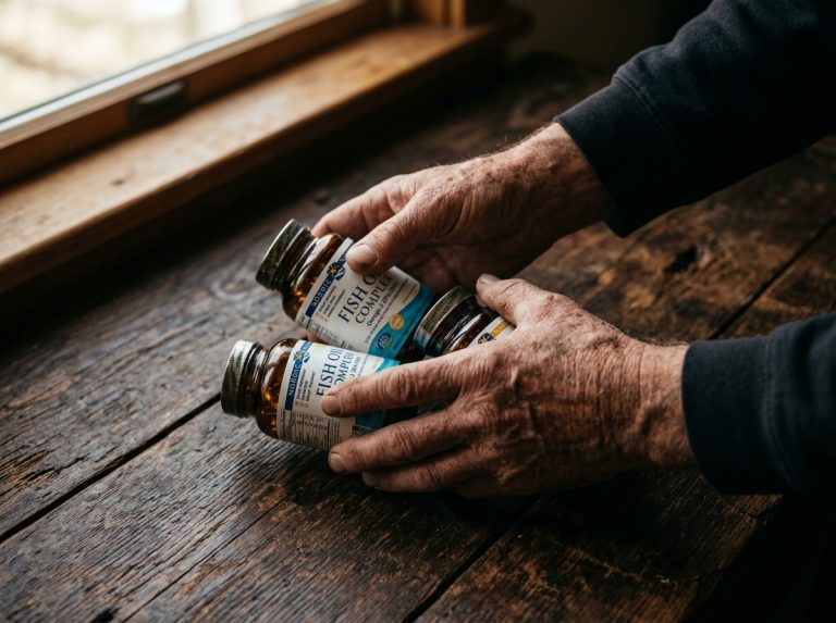 man holding fish oil supplements contemplatively