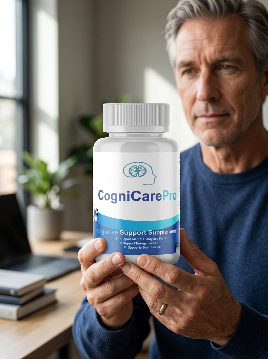 CogniCare Pro brain supplement bottle held confidently