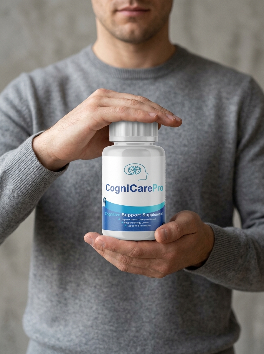 CogniCare Pro brain supplement bottle held confidently